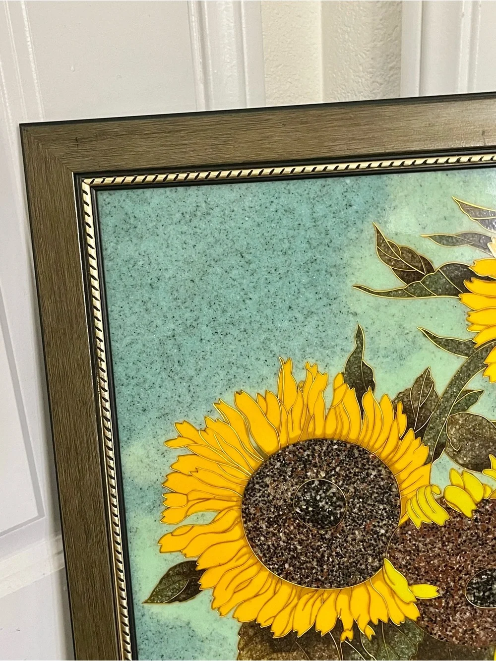 Vintage Ceramic Tile Art Arrangement Of Three Sunflowers In Vase 17/21 Inches